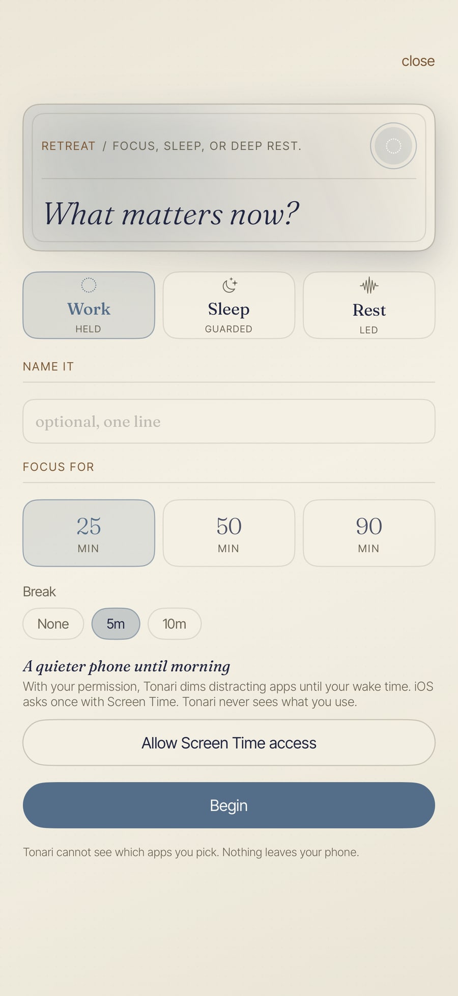Retreat's Work mode: a protected 25, 50, or 90 minute stretch, a one-line intention, and app quieting you allow once